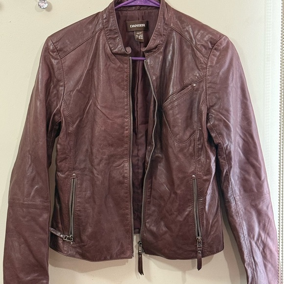 Danier Burgundy Leather Moto Jacket with Stand-Up Collar - Picture 1 of 7